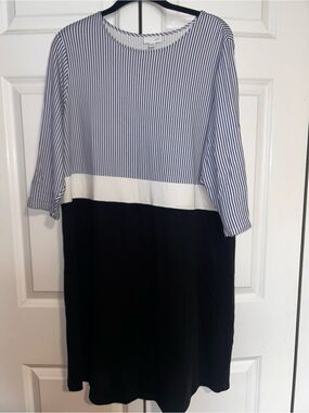 J. Jill Blue Stripe Top with White Waist and Black Skirt Shift Dress